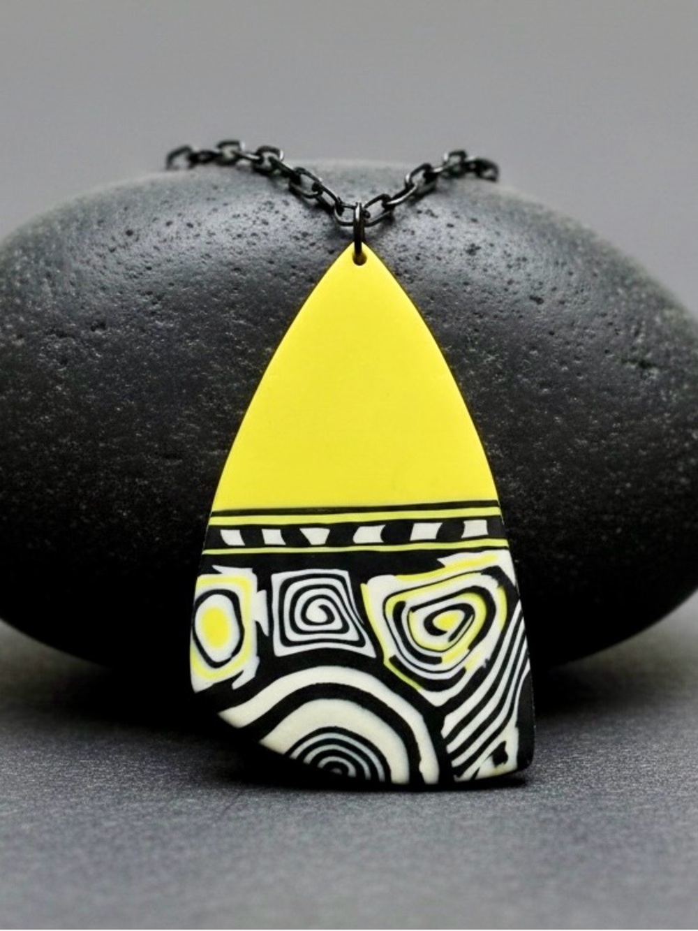 Handmade Yellow Black White Graphic Polymer Clay Statement Pendant Necklace